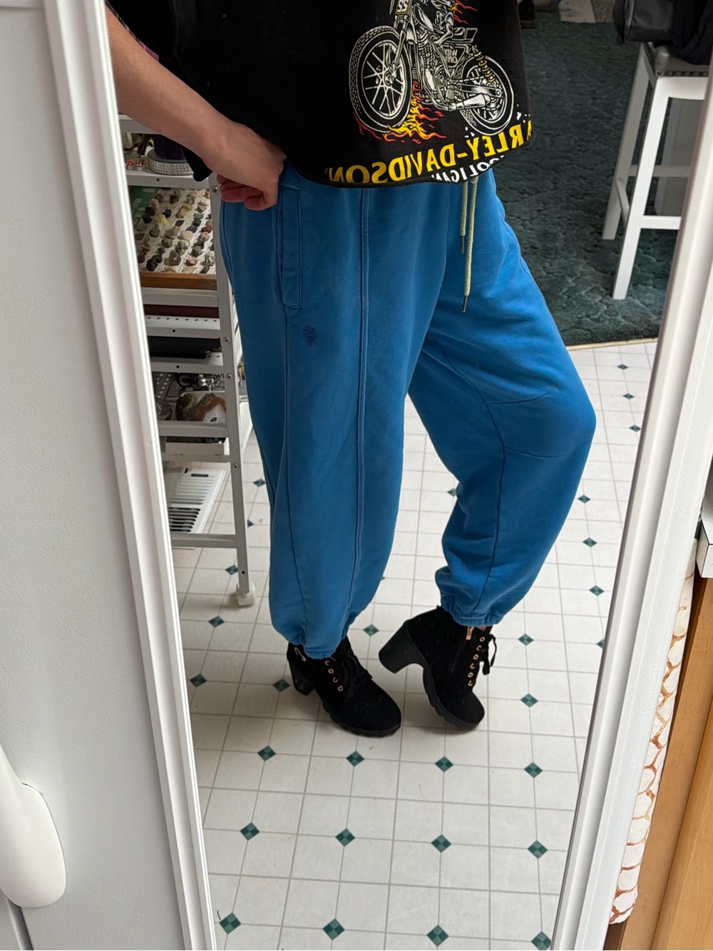Distressed FADED Blue Drawstring Jogger Pants for Men or women by free people